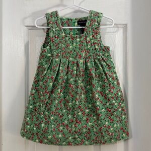 Ralph Lauren Baby Girl Corduroy Dress in Green with Red Floral Pattern